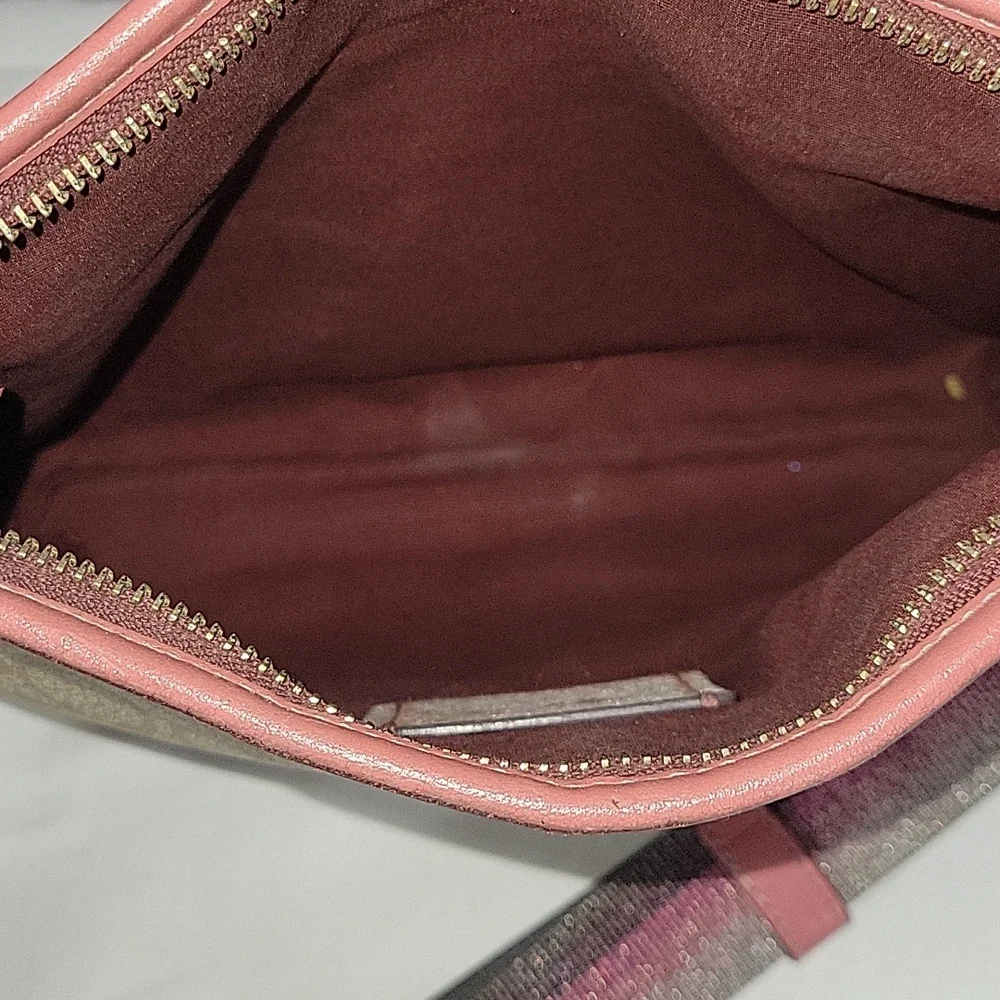 Coach Tan Signature Leather Crossbody with Burgundy Trim
